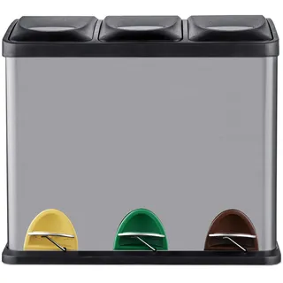 Relaxdays Mülleimer, 3 Fächer, 24 L, Fußpedal, Inneneimer, Mülltrenner Küche, HBT 39,5 x 46 x 26,5 cm, Edelstahl, Silber