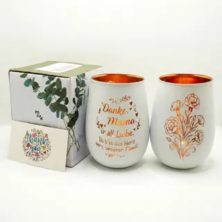 Kerzenglas mit Spruch für Mama – Beidseitiges Windlicht mit Gravur Danke Mama & Nelken Motiv – Edler Teelichthalter, Geschenke für Mütter zum Geburtstag, Muttertag – Weiß/Gold