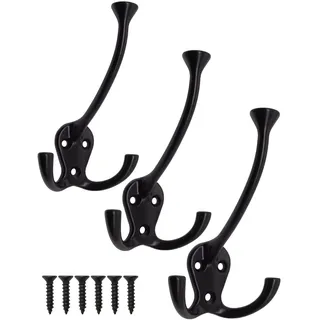 Fuxxer® 3x Klassische Garderoben-Haken, Handtuch-Haken, Wand-Haken, Schwarz, 3er Set