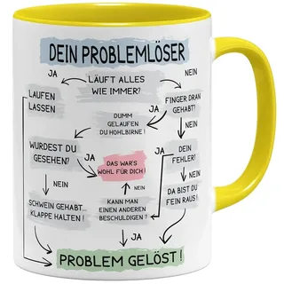 OM3® lustige Kaffee-Tasse mit Spruch - Problemlösung auf der Arbeit - Problemlöser - Keramik Becher - 11oz 325ml - Beidseitig Bedruckt - Gelb