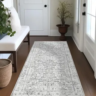 TOPICK Läufer 60x180cm Grau Teppich Vintage Faltbar Dünner Waschbar Teppichläufer Blumendruck Rutschfester Leichter Küche Badezimmer Eingangsmatte