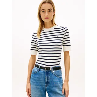 Kurzarmpullover TOMMY HILFIGER "CO JERSEY FINE GG C-NK SS SWT", Damen, Gr. L (42/44), ivory petal, schwarz n navy stp, Feinstrick, Obermaterial: 67% Baumwolle, 33% Polyamid, gestreift, regular fit normal, Rundhals, eingesetzt gerader Abschluss, Pullover Kurzarmpullover, Baumwollmischung, Regular Fit
