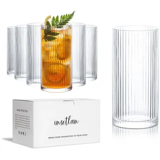 INSETLAN 370ml Geriffelte Longdrinkgläser 6er Set Wassergläser Trinkgläser| Ideal für Whisky, Bier, Säfte, Eiskaffee & Cocktails | Spülmaschinenfest | Hochwertige Trinkgläser & Cocktailgläser