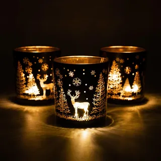 Toptime Teelichthalter Weihnachten, 3er Set Schwarz Gold Windlicht Glas mit Weihnachtsbaum Rentier Schneeflocke, Modern Teelichtgläser für Tischdeko, Kerzengläser für Feiertage, Neujahr, Partys, 7x8cm