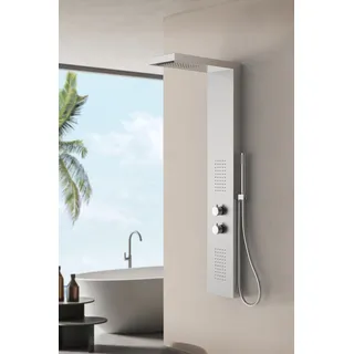 Marwell Duschsäule 125x20 cm Chrom mit Wasserfall- & Regendusche Edelstahl Duschsystem mit mechanischem Messing-Mischer, Handbrause, ABS Regendusche 5x10 Düsen, 1,5 m Edelstahl-Brauseschlauch