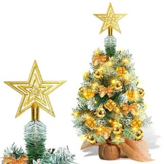 Jopassy Mini Weihnachtsbaum Künstliche Weihnachtsbäume Christbaum mit Weihnachtskugel, Kleine Schleife und LED-Lichtern  40cm - Gold