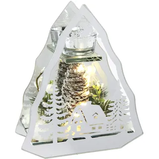 Flair Flower Dekoriertes Deko-Objekt aus Glas mit Tannenzweigen Tannenbaum und LED Licht Lampe Kerzenhalter Stimmungslicht Weihnachtsdeko Dekoration 3D Bild 20x14x6cm