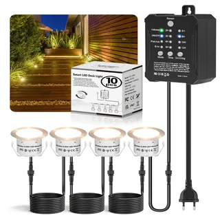 10er Set Dimmbar Terrassen Einbaustrahler, IP67 Wasserdicht Bodeneinbaustrahler Aussen, Timer & Photozellensensor, 0,6W Ø32mm Warmweiß Led Terrassenbeleuchtung Außen mit Niedervolt Transformator