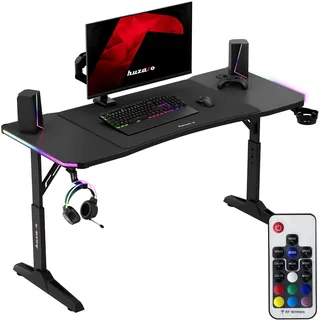 Huzaro Hero 3.6 RGB Gaming Tisch – höhenverstellbar 140x60 cm, LED-Beleuchtung, Carbon-Oberfläche, XXL-Mauspad, Halterungen - Schwarz