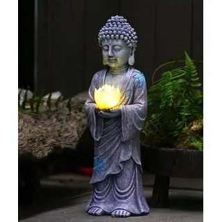 Yeomoo Stehende Buddha Figur mit Solar LED Lotus Gartendeko - Wetterfeste Meditation Gartenfiguren Deko für Zen Garten Wohnzimmer Feng Shui Spirituelle - Geschenk für Frauen, Mama Männer 37CM Grau