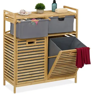 Relaxdays Wäschekorb, 2 kippbare Wäschesammler, je 40 Liter, 2 Schubladen, Bambus, Stoff, HBT: 95x88x33 cm, Natur/grau