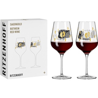 RITZENHOFF 3401002 Rotweinglas 500 ml - Serie Sagengold Nr. 2, 2er Set mit Traubenmotiv, Echt-Gold - Made in Germany, Schwarz, Gold