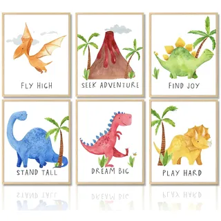 Dazzlewall Aquarell Dinosaurier Kunstdrucke Poster Motivationszitate Wandbilder für Kinderzimmer Kinderzimmer Dekor 20X25 cm Ohne Rahmen 6er Set