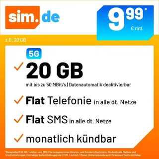 sim.de Handytarif z.B. Allnet Flat 20 GB – (Flat Internet 5G 20 GB, Flat Telefonie, Flat SMS und Flat EU-Ausland, 9,99 Euro/Monat, monatlich kündbar) oder andere Tarife