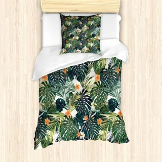 ABAKUHAUS Hawaii Bettbezug Set, Bunte Palmen tropische Pflanzen mit botanischen Inspirationen, 135 x 200 cm + 80 x 80 cm, Jadegrün Farngrün
