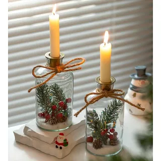 NUPTIO Kerzenständer Weihnachten Kerzenhalter Stabkerze: 2er Glas Geschenke Gold Ständer Stabkerzenhalter Flaschenkerzenständer Adventskranz Tischdeko Esstisch Vintage Boho Deko