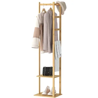 unho Garderobenständer Bambus, freistehender Kleiderständer, Garderobe mit Kleiderstange, 2 Ablagen,3 Haken für Kleidung, Hüte, Taschen, Flur, Eingangsbereich