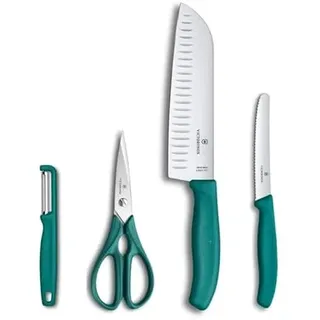 Victorinox Classic Profi Küchenset, 4-teilig, Inkl. Schäler, Schere, Santoku- und Tomatenmesser, Scharfe Klingen, 7-17 cm, Kunststoffgriffe, Schwarz