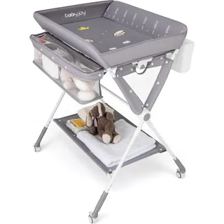 COSTWAY 3 in 1 Wickeltisch klappbar, Wickelkommode höhenverstellbar mit Mülleimer, Aufbewahrungskorb & Rollen, Wickelauflage tragbar bis 11kg Grau - Grau