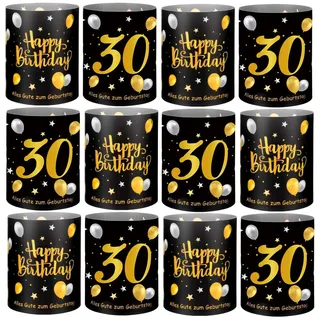 12 Stück Windlicht Tischdeko30 Geburtstag Happy Birthday Tischdekoration Teelichter Oder Kerzen Deko Schwarz Gold für Männer Frauen (12, 30)