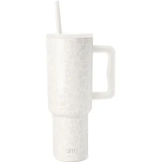 Simple Modern Thermobecher mit Strohhalm und Griff | Isolierter Edelstahl-Trinkbecher Eiskaffee-Reisebecher | Geschenke für Frauen und Männer | Trek | 1180ml | Cream Leopard