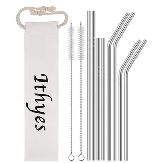 Ithyes wiederverwendbare Edelstahl Strohhalme,Lange Metallstrohhalme,Reinigungsbürste, waschbar,Geeignet für Säfte und Getränke,10er set,265 mm/215 mm (Silber)