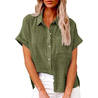 Didadihu Musselin Hemd Bluse Kurzarm Damen Elegant Button-Down Leinenbluse Blusenshirt Lässiges Locker Leinenhemd Leicht Luftig Sommer Hemdbluse Casual Oversize Blusen Tuniken Damenblusen
