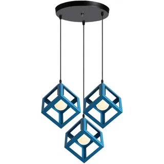 iDEGU 3 Leuchten, Hängeleuchte, Vintage, geometrischer Stil, Hängeleuchte, Würfelform, Metall, Deckenleuchte, für Schlafzimmer, Wohnzimmer, Esszimmer, Küche – 16 cm, Blau
