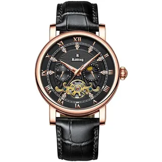 Rötting Design Automatikuhr Herrenuhr Tag/Nacht Phase offene Unruhe schwarzes Ziffernblatt goldrose farbenes Gehäuse