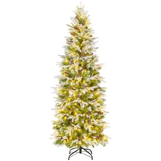 Costway Weihnachtsbaum, mit Beleuchtung und Schnee 190 cm Künstlicher schlanker Weihnachtsbaum 280 warmweißen LED-Lichtern 60 Tannenzapfen,