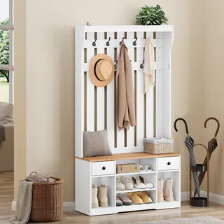 YITAHOME Garderobenständer mit Schuhbank, Garderobenschrank, Garderobe, Flurgarderobe mit 9 Haken & 2 Stoff Schublade, für Diele & Wohnzimmer, Schuhschrank,100x35x180cm, Holz Weiß
