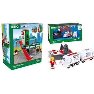 BRIO World 33204 - Parkhaus, Straßen & Schienen - Eisenbahnzubehör Holzeisenbahn & World 33510 IR Express Reisezug - Elektrische Lokomotive mit Fernsteuerung
