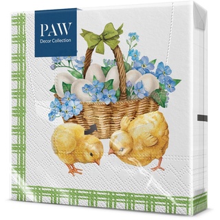 PAW - Servietten 3-lagig (33 x 33 cm) I 20 Stück I Perfekt für Geburtstage, Partys, Hochzeiten, Kommunion und Feiern I Papierservietten Bunt - Eier, Hühner, Ostern I Chicks with basket