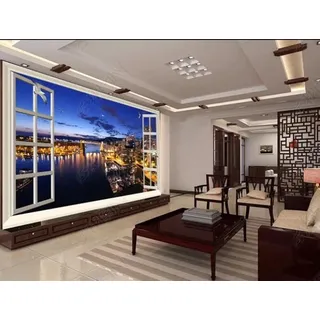 Fototapete 3D Tapete Wandbild Schöne Stadt Starlight Nachtansicht Außerhalb Des Fensters Tv Hintergrund Wanddekoration Malerei-250Cmx175Cm