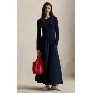 Polo Ralph Lauren für Damen. 211A96349004 Baumwollkleid mit marineblauem Achter-Mieder (XS), Lässig, Baumwolle, Langarm