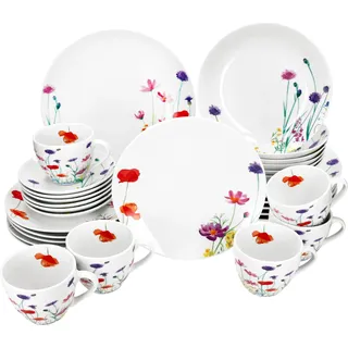 30tlg Kombiservice Marie Porzellan 6 Personen Tassen Untertassen Teller Blumen