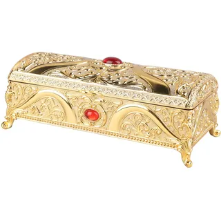 REXVTNS Vintage Schmuckschatulle aus Metall mit Samtfutter | Großer Organizer für Ringe/Ohrringe/Halsketten | Schmuckkästchen aus Legierung mit antikem Muster für Damen (Gold)