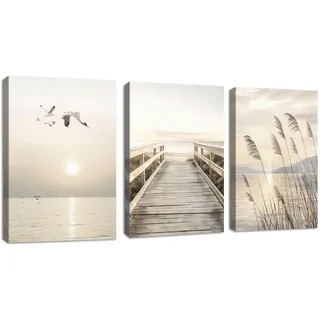 3 Pcs Beige Küste Landschaft Leinwandbilder Bilder mit Rahmen, Sonnenuntergang Meer Wandbilder Ästhetisch Schilf Brücke Möwen Modern Bild Auf Leinwand Deko für Wohnzimmer Schlafzimmer Küche 30x40cmX3