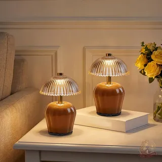 MJ PREMIER Tischlampe Kabellos Akku mit Timerfunction 2er Set | Pilzform USB Aufladbar Kleine Tischleuchte Nachttischlampe Glas Lampe Notlicht für Schlafzimmer Wohnzimmer Khaki