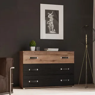 FORTE Dolce Sideboard 125, Sideboard mit 3 großen Schubladen und Kontrastgriffen, Uni Wolfram Grau/Schwarzeiche Dekor, 120,4 cm breit x 82,4 cm hoch x 41,3 cm tief