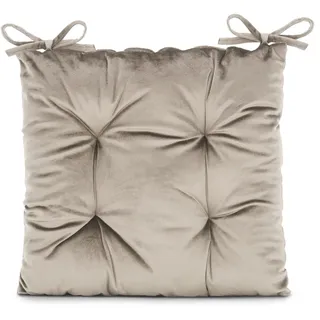 AmeliaHome Stuhlkissen mit Bändern 40x40 cm Sitzkissen Samt Velvet Optik Aleksa Beige