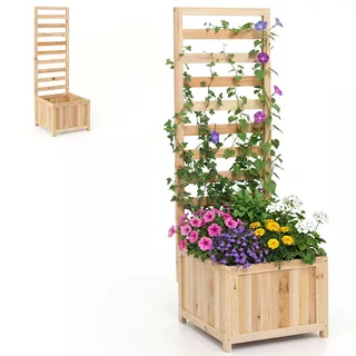 HOMASIS Pflanzkübel mit Rankgitter, Blumenkasten mit Spalier, Pflanzkasten aus Massivholz, Hochbeet Pflanzgefäß Rankkasten Gartenspalier Rankhilfe für Balkon Garten Terrasse (Natur, 42,5x40,5x123cm)