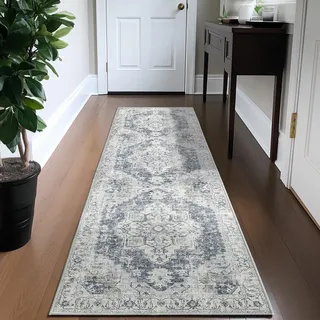 TOPICK Grau Läufer Flur Floral Teppich Waschbar Superdünne Vintage Blumenteppich Kurzflor Orientalischer Lang Küchenteppich Schlafzimmer Wohnzimmer Esszimmer Büro Faltbar Teppichläufer 60x300cm