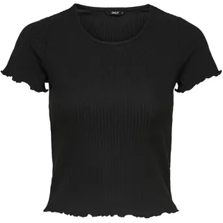 ONLY Damen Geripptes Cropped T-Shirt | Kurzes Short Sleeve Rundhals Top | Bauchfrei Gewellt ONLEMMA, Farben:Schwarz, Größe:L