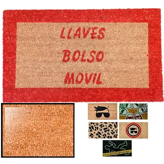 LucaHome Fußmatte aus natürlicher Kokosnuss, 70 x 40 cm, mit Rutschfester Unterseite, lustige Kokosmatte, Schlüssel, rote Handytasche, saugfähige Fußmatte für den Eingangsbereich, ideal für Außentür