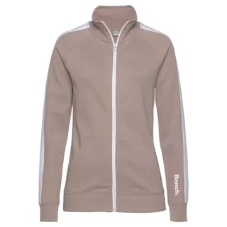 Sweatjacke BENCH. LOUNGEWEAR, Damen, Gr. 40/42, beige (beige, weiß), Jersey, Obermaterial: 60% Baumwolle, 40% Polyester, unifarben mit Farbeinsatz, bequem hüftbedeckend, ohne Ausschnitt, Raglanärmel Rippbündchen, Sweatjacken Sweatjacke, mit Seitenstreifen und Stehkragen, Loungewear, Topseller