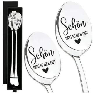 2 Stück Löffel mit Gravur Schön dass es dich gibt geschenke für Frauen Männer Beste Freundin Geschenk Kaffeelöffel Langstielig Dessertlöffel mit Geschenkbox und Stoffbeutel