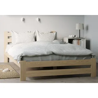 home collective Holzbett 140x200 cm mit Lattenrost Modern Bett Bed Kiefer Massiv Bettgestell Doppelbett Massivholzbett Klassisch | Boho Landhaus Kopfteil hoch natur
