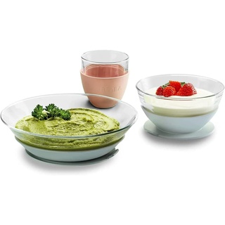 BÉABA & Duralex - Kinder-Glas-Geschirrset bestehend aus Teller, Schale, Glas mit Silikon-Saugnapf - Ergonomisch - Vielseitig - Gesund - Haltbar - Made in France - Eucalyptus