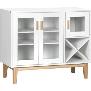 Küchen-Sideboard - Anrichte/Küchenschrank - 3 Glastüren - Weinflaschenhalter - 90x37x75 cm - Melamin & Kiefernholz - Moderner Stil - Naturholz & Weiß